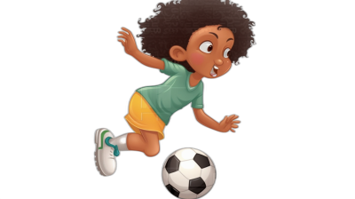 Cartoon style illustration of an African American boy playing soccer. He has short curly hair and is wearing green and yellow shorts, white shoes, and a black t-shirt. The background is black. The character is shown in the air kicking at a soccer ball in the style of a cartoon. Another cartoon illustration shows the face of a cute little child in a vector style isolated on a dark background.