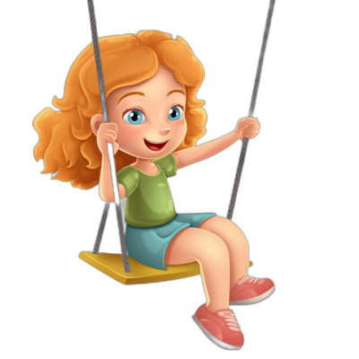 A cute girl sitting on the swing, cartoon style illustration with black background. She has curly ginger hair and blue eyes wearing green t-shirt , short skirt and pink shoes . Her face is happy and smiling. The swing hangs from two ropes. Vector Illustration. Isolated on white background. Cartoon character design, Pixar animation art style.