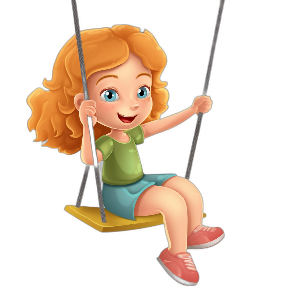 A cute girl sitting on the swing, cartoon style illustration with black background. She has curly ginger hair and blue eyes wearing green t-shirt , short skirt and pink shoes . Her face is happy and smiling. The swing hangs from two ropes. Vector Illustration. Isolated on white background. Cartoon character design, Pixar animation art style.