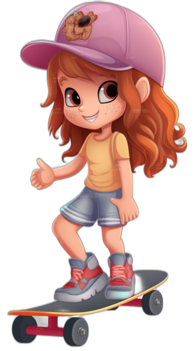 A cute little girl with brown hair and a pink baseball cap is riding on her skateboard. She has big eyes. A full body shot in the style of digital airbrushing on a black background. A colorful caricature in the style of cartoon realism with vibrant colors.