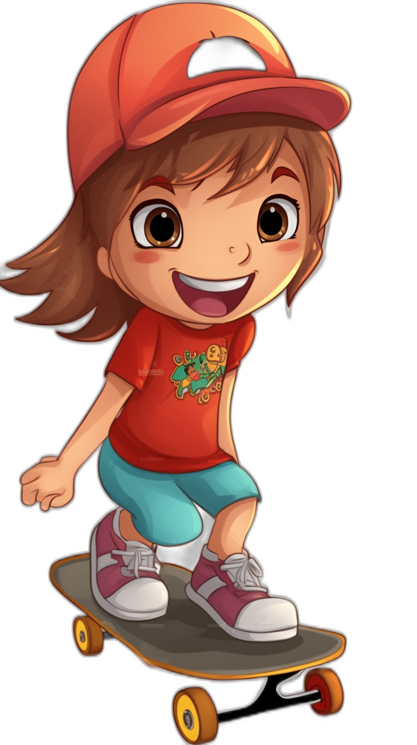 A cute cartoon girl with brown hair and big eyes is riding on her skateboard, wearing an orange baseball cap, red t-shirt, blue shorts, white sneakers, smiling happily. The background is simple with a black color palette. The art style is 2D game art with cartoon realism. The character caricatures have clean lines in a high resolution without low-poly. Colorful animation stills are shown without low poly.