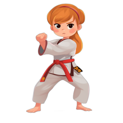 A cute little girl is practicing karate, with a red belt and white uniform. She has ginger hair tied back in an updo hairstyle, big eyes, a small nose, plump cheeks, and rosy lips. The simple black background shows her full body shot in a flat illustration style with high definition resolution, resembling a Pixar-style cartoon character design. The whole picture shows the person doing various martial arts moves in the style of a Pixar animation.