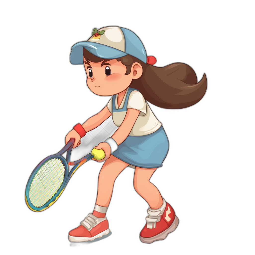 Cartoon girl playing tennis, wearing red shoes and blue skirt, white T-shirt with short sleeves on the chest, baseball cap on head, holding racket in right hand to hit ball，black background, simple style