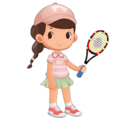 Cute girl playing tennis, pink and white striped shirt with green skirt, short brown hair in braid wearing light red sneakers and baseball cap holding racket clip art cartoon vector illustration logo design on black background