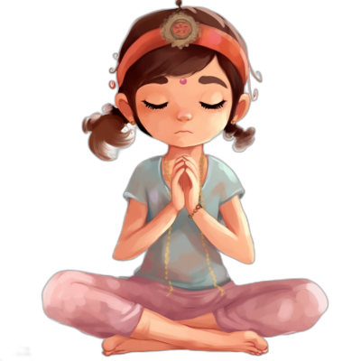 A cute girl sitting in a yoga pose with simple facial expressions and character design, crosslegged with hands clasped together on her lap. She is wearing an Indian headband, light pink pants, and has brown hair tied into two braids that come to the shoulders. The background of this illustration should be black, and it must have a cartoon style. She also wears gold beads around the neck. It's a vector art style, with bright colors in the style of a cartoon.