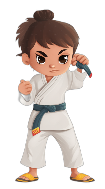 chibi cartoon boy wearing white karate gi, dark brown hair in messy bun, holding blue belt ready to fight black background