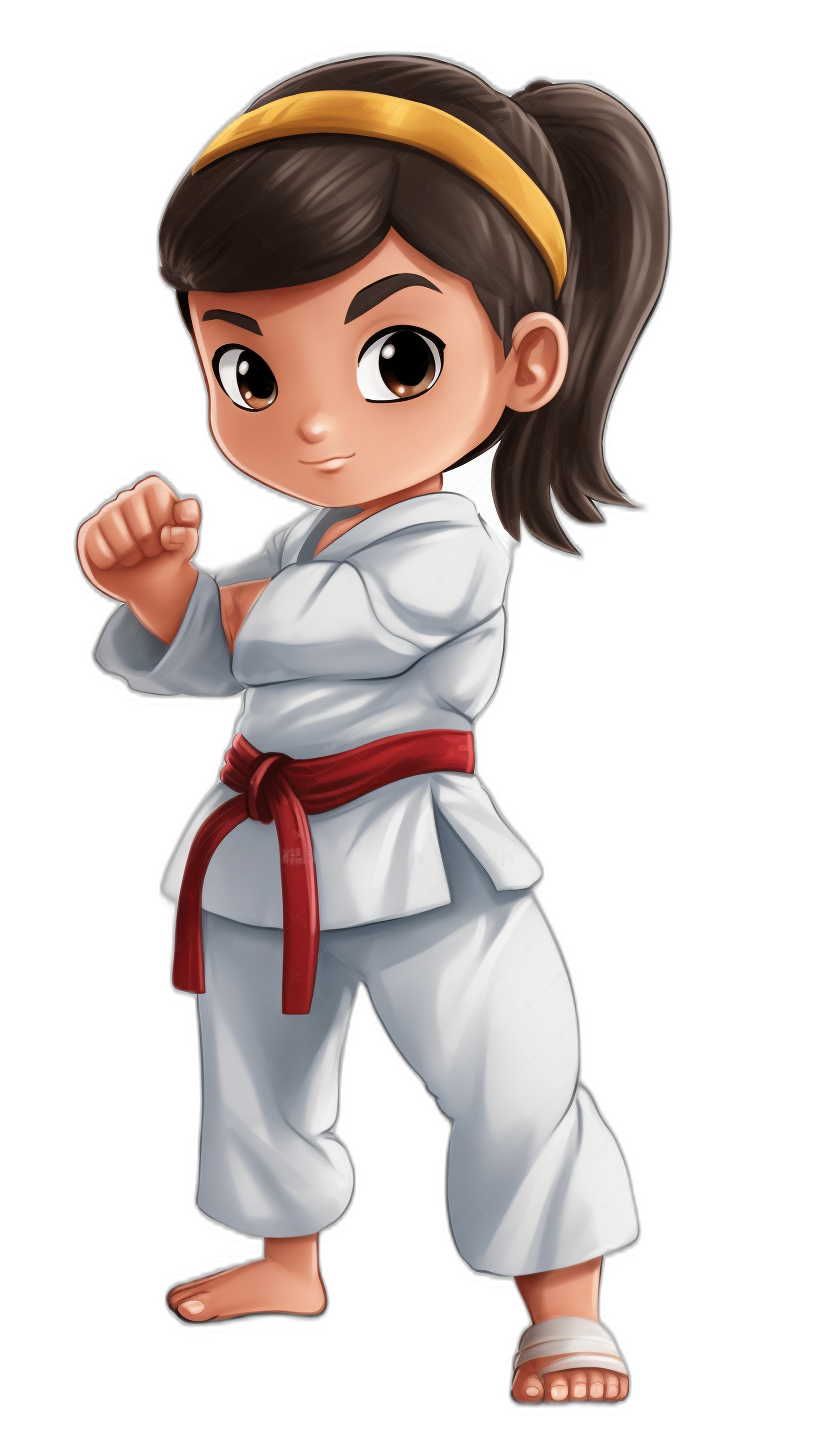 A young girl dressed in white karate attire with a red belt, ready to fight. She has short brown hair and is wearing a cute headband. The illustration style should be similar to the Chibi cartoon character design in the style of Disney Pixar. Use vibrant colors against a black background. A full body shot of her in a fighting stance.