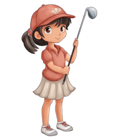 A cute Japanese girl playing golf, vector illustration in a flat style with a black background. She is wearing an oversized red cap and a short white skirt. Her hair falls just below her shoulders, she has big eyes and wears brown eyeliner to highlight them. The character's expression should convey confidence as she leans forward slightly while holding the club at eye level. This design will be used for t-shirt printing in the style of a flat vector illustration.