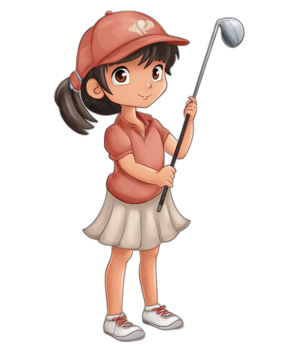 A cute Japanese girl playing golf, vector illustration in a flat style with a black background. She is wearing an oversized red cap and a short white skirt. Her hair falls just below her shoulders, she has big eyes and wears brown eyeliner to highlight them. The character’s expression should convey confidence as she leans forward slightly while holding the club at eye level. This design will be used for t-shirt printing in the style of a flat vector illustration.