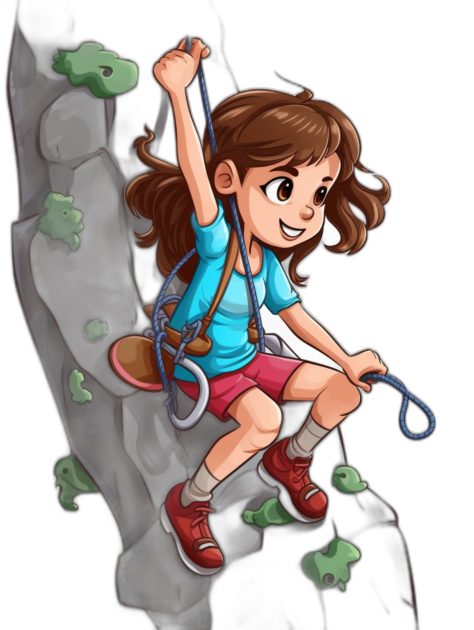 A cartoon-style girl climbing rock wall with ropes, clip art style, simple design, flat color illustration, solid black background, full body, cute and adorable young child in red shoes, brown hair, blue shirt, pink shorts, smiling expression. She is holding onto the rope for safety while she treks up to her goal on top of the mountain. The image captures an adventurous spirit as they face challenges at every step along their journey towards success. Black Background