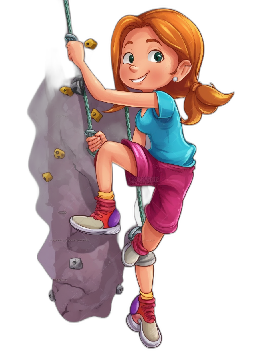 A cartoon girl is climbing on the wall, wearing colorful shorts and sports shoes with bright colors. She has long hair tied in a ponytail, big eyes, a smiling expression, and a simple background with a black sky. Hanging ropes are around her neck. The rock face is a dark gray, and there is an iron ring at chest height below it. The artwork is focused and high quality, depicting the girl in her  in the style of a cartoon.