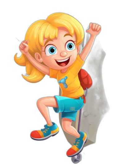 A cartoon girl with blonde hair and blue eyes is climbing the rock wall. She has on a yellow shirt, red backpack and teal shorts. Her shoes have orange laces. The art is in the style of clip art with a black background. It has a cute character design. She is smiling big while reaching for something high up in front of her. The image is high quality and high resolution with detailed artwork. It has a simple and cute character design in the style of clipart.