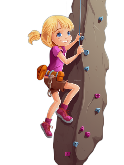 A cartoon girl is climbing a rock wall, wearing pink shoes and a purple shirt with brown shorts and blonde hair in a ponytail style, holding a rope to climb the mountain. It is a colorful, vector illustration clip art set for stickers on a black background, with no shadows, in a simple, cute, low detail style reminiscent of Pixar.