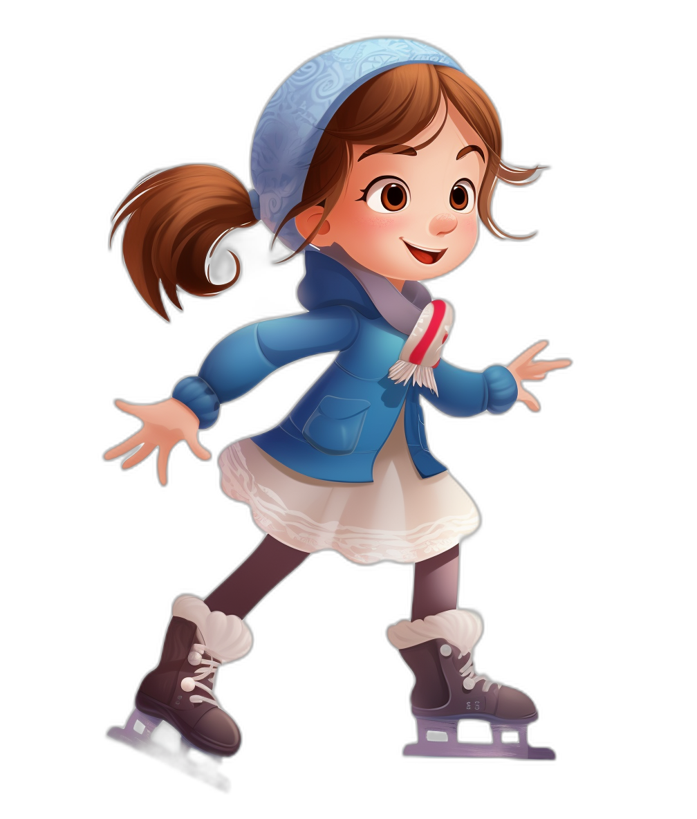 A cute little girl ice skating, full body shot, wearing a blue jacket and white skirt with a red scarf around her neck, brown hair in a ponytail style, smiling face, cartoon character illustration in the style of Disney Pixar, isolated on a black background, high resolution, high quality.