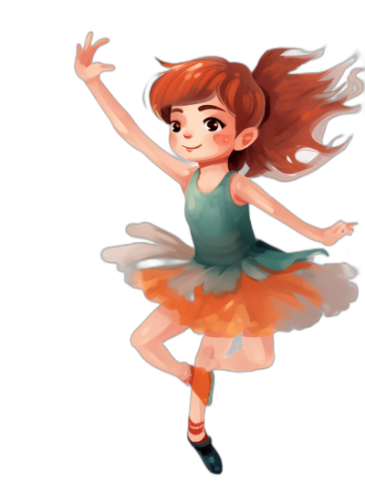 A little girl with red hair and brown eyes, wearing an orange tutu skirt is jumping in the air. She has short curly ginger pixie cut hair, smiling brightly as she dances. The illustration style should be cartoonish and cute, suitable for children's book illustrations or Disney animation. The background should be black.