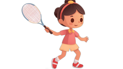 A cute little girl playing badminton, full body portrait in the style of simple flat style illustration, black background, character design in the style of cartoon animation, 2D game art, simple details, high resolution, high quality, high detail.