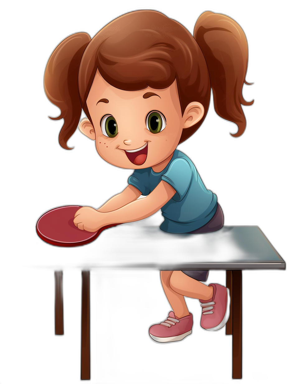 cartoon style of a little girl playing table tennis, happy face, wearing a blue t-shirt and pink shoes on a black background, sitting at the desk with a red table tennis pearl in hand, cartoon vector illustration for a kids book cover design in the style of Pixar animation studio, high resolution, high details, high quality, high definition, high sharpness, high focus, high clarity