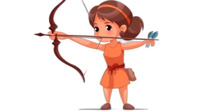 A cute cartoon illustration of an archer girl shooting arrows in a simple drawing style, vector clipart on a black background with solid colors. She wears an orange dress and has brown hair in a ponytail with a headband. Her bow is pointed up to the sky and the arrow has no wings. It features simple shapes and lines with low details in a 2D flat full body shot with no outlines. The clip art uses vector graphics with a simple design of shapes in a low poly model style.