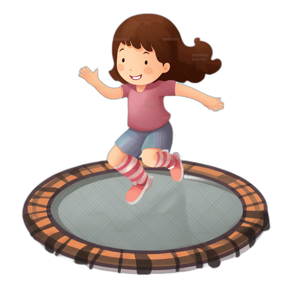 A girl is jumping on the trampoline in the style of a cartoon, with a simple design, flat colors, and a vector illustration on a black background without shadows. She is depicted in a cute and adorable manner with simple details. The image is high resolution, high quality, and has high detail and definition.