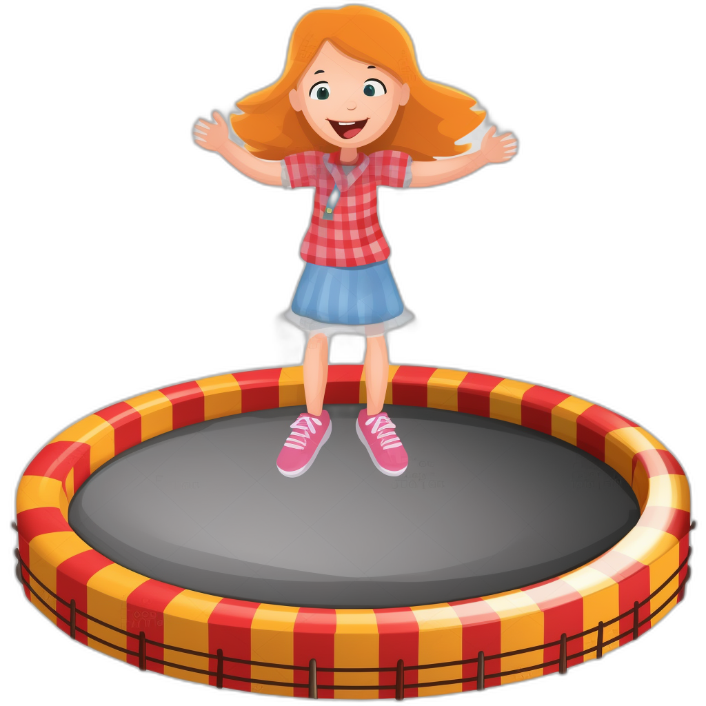 A cartoon girl is standing on top of a trampoline, with a black background and red and yellow striped pattern. She has medium length golden hair, wearing pink shoes, a blue skirt and a checkered shirt, smiling happily while jumping up in joy. The illustration style features simple lines and bright colors. This scene was created using C4D software, presenting a 3D rendering effect in the style of .