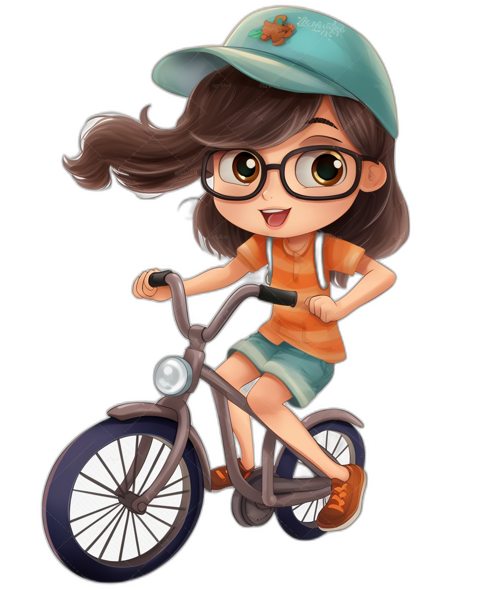 chibi style, cute girl with dark brown hair and glasses riding her bike wearing an orange shirt blue skirt white cap black background