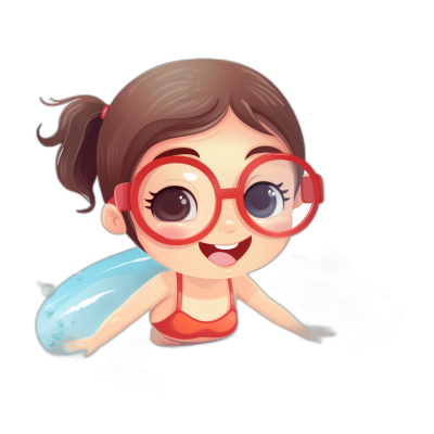 A cute little girl with glasses and a red swimming suit, with a cartoon style character design in the style of mobile game graphics, flying on a black background, wearing dragonfly wings.