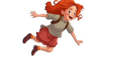 A red-haired girl jumping in the air in the style of Pixar style cartoon character on a black background.