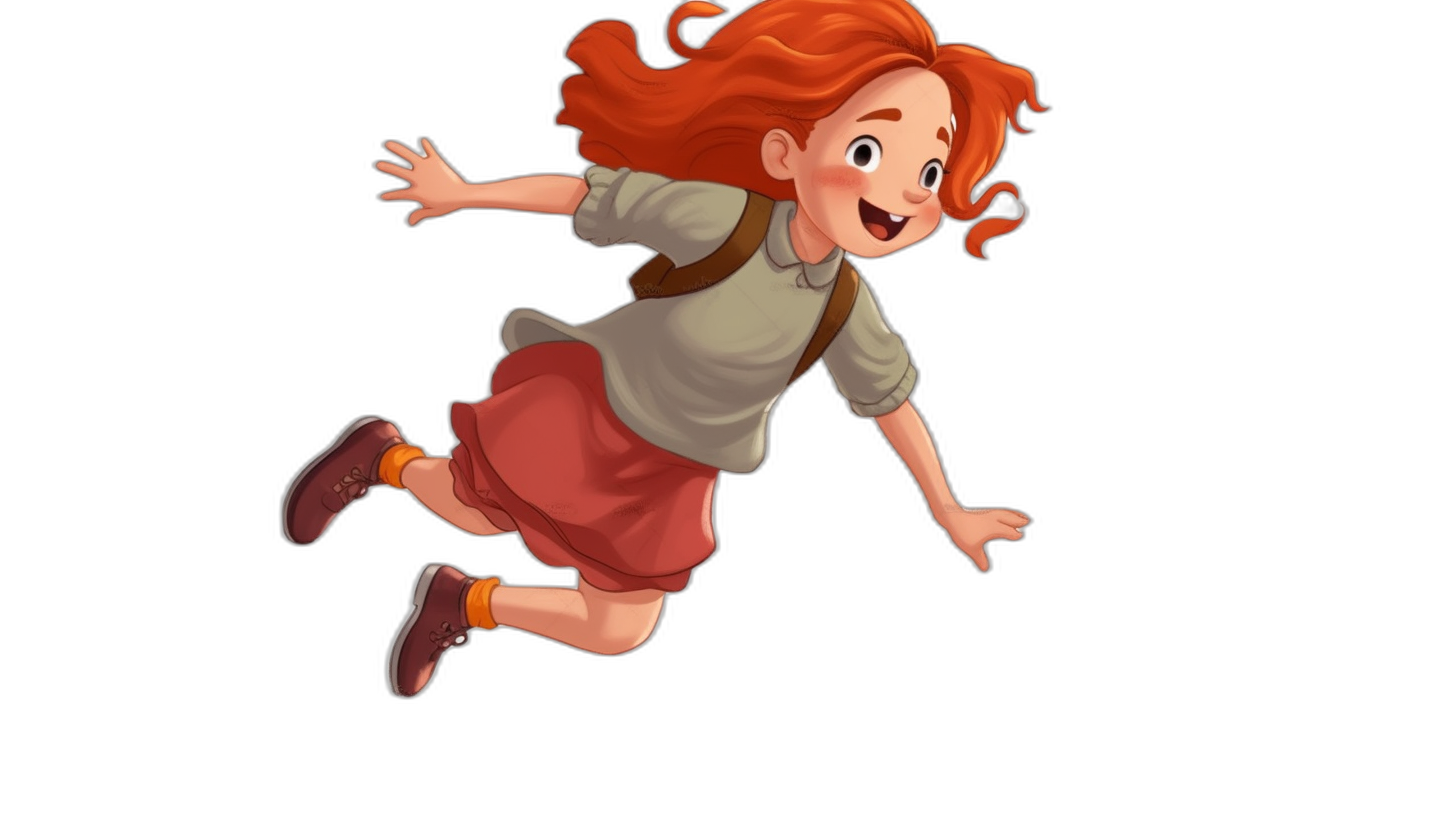 A red-haired girl jumping in the air in the style of Pixar style cartoon character on a black background.