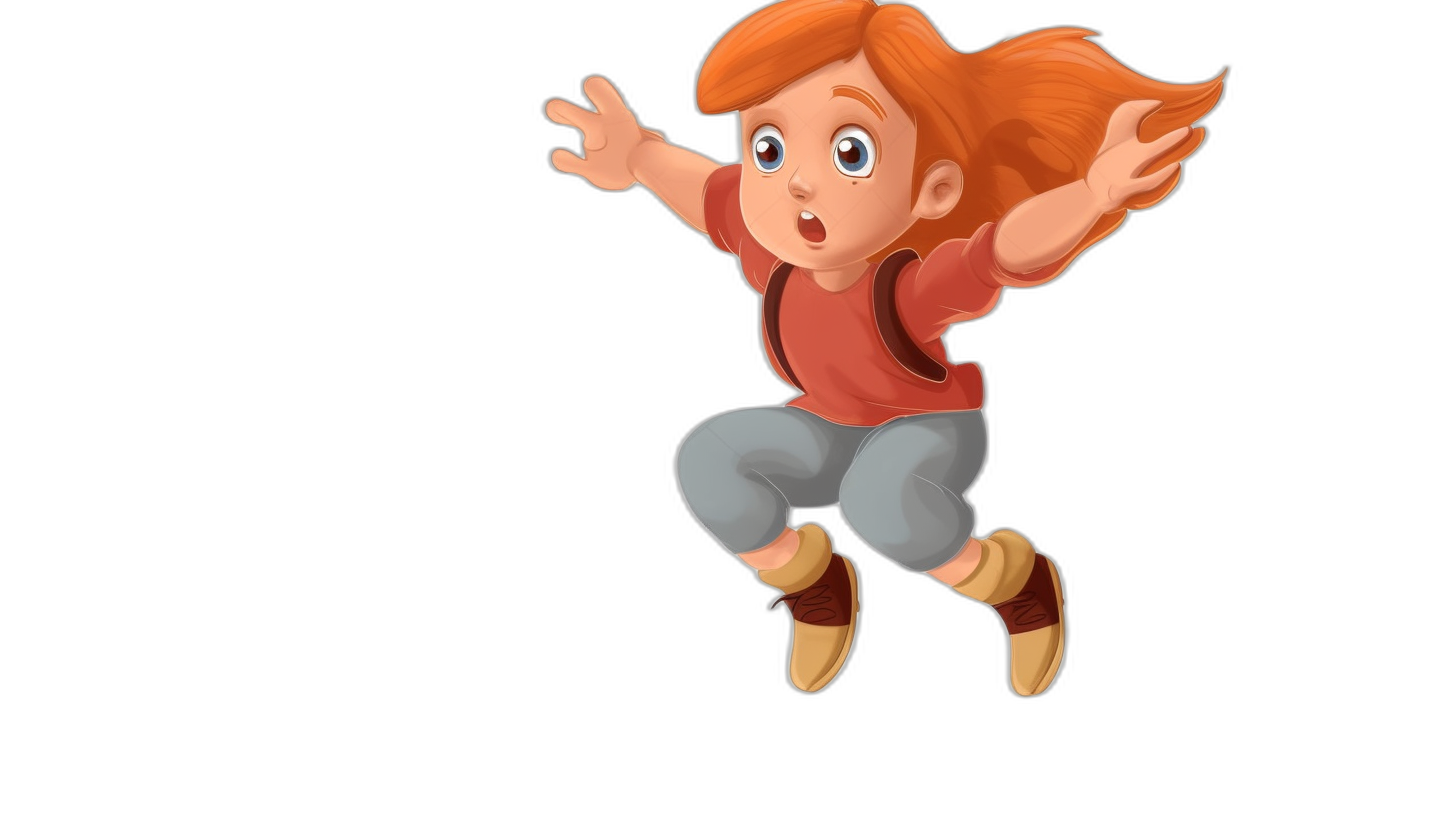 A cute little girl with red hair is jumping, with her full body, in the style of Pixar, like a Disney cartoon character, against a black background, in a 2D animation style, with simple and bright colors, with cute expressions, in a flat illustration style, at a high resolution, with high details, of high quality.