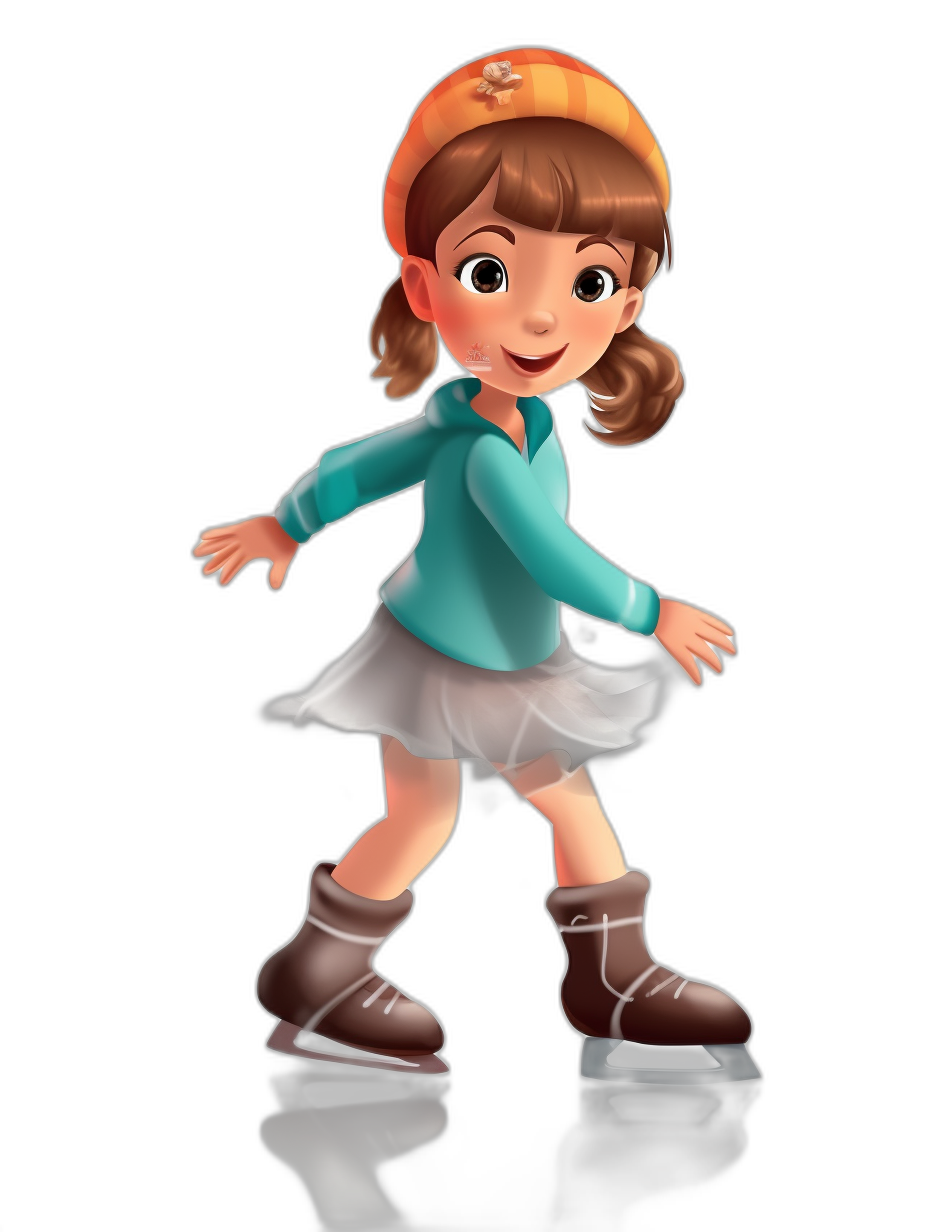 A young girl with brown hair, wearing an orange hat and blue top is ice skating in the style of Pixar animation on a black background. She has short pigtails and wears a white skirt. Her shoes have dark boots underneath them. The illustration should be colorful, detailed, high resolution, and with good lighting. Full body shot in the style of Disney cartoon character design in the style of Pixar.