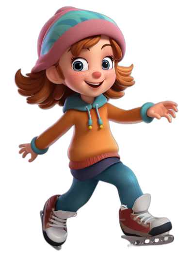 A young girl ice skating, wearing skates and casual , in the style of Pixar with a simple character design on a black background, a 3D cartoon rendering, wearing a colorful hat on her head, blue pants and an orange sweater, big eyes, a full body shot from the side, full of energy, a cute and friendly expression, a happy face, a happy smile, high resolution.