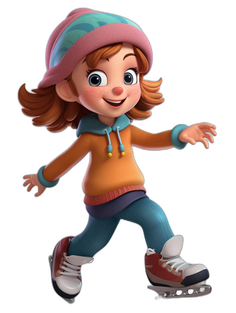 A young girl ice skating, wearing skates and casual , in the style of Pixar with a simple character design on a black background, a 3D cartoon rendering, wearing a colorful hat on her head, blue pants and an orange sweater, big eyes, a full body shot from the side, full of energy, a cute and friendly expression, a happy face, a happy smile, high resolution.