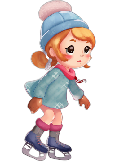 A cute little girl ice skating, wearing blue and pink  with hat, black background, chibi style, character design for mobile game