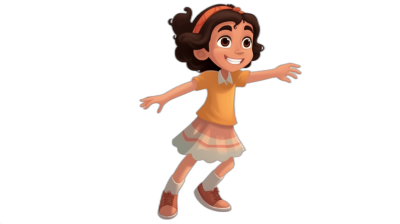 A cute girl wearing a skirt and shoes, smiling with a closed mouth, dark brown hair in a ponytail style, an animated character in the style of Pixar studio on a black background, in a jumping pose, wearing an orange t-shirt and a pink checkered short dress, a full body shot, a 3D animation rendering, in the Disney cartoon illustration style, high resolution.