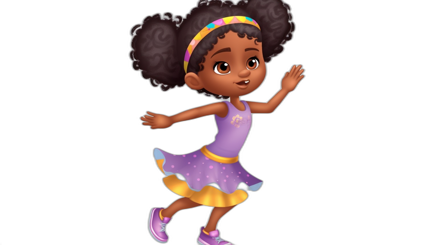 African American little girl, with short curly hair and a headband, wearing a purple dress and shoes, dancing in a colorful, full body illustration against a black background, in the style of Disney Pixar character animation.