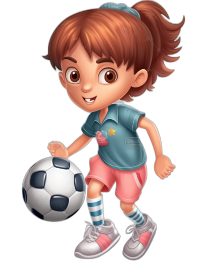 A cute little girl playing football in a cartoon style with a full body shot against a simple black background. She is wearing blue and pink short sleeves with white stripes on the side of her shorts and has brown hair in pigtails. She is holding a soccer ball in her hand and has a smiling facial expression. The character design could be used for a children's book illustration and is in the style of Disney Pixar 3D animation. The image is full color with clean and sharp focus at a high resolution.