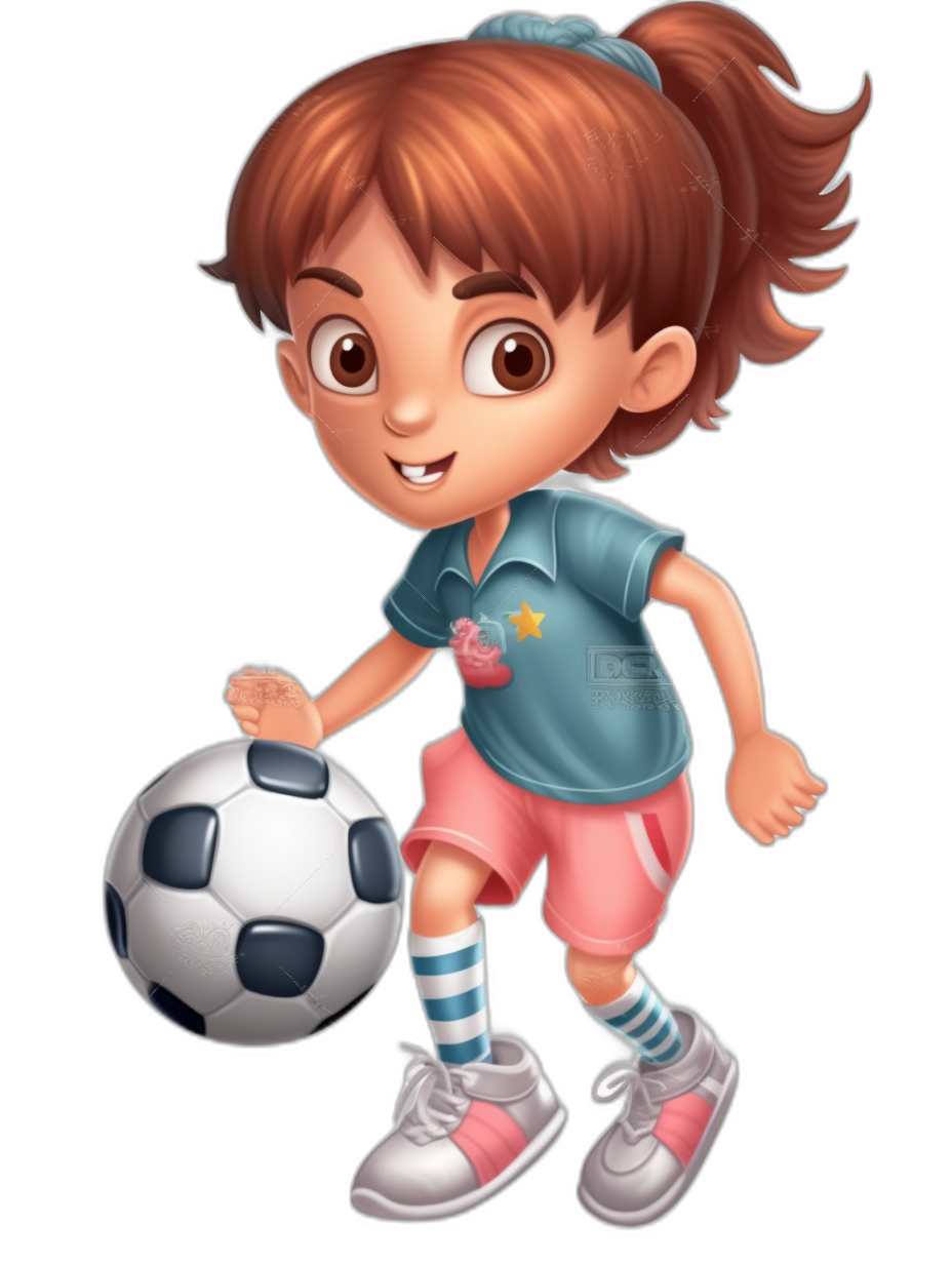 A cute little girl playing football in a cartoon style with a full body shot against a simple black background. She is wearing blue and pink short sleeves with white stripes on the side of her shorts and has brown hair in pigtails. She is holding a soccer ball in her hand and has a smiling facial expression. The character design could be used for a children’s book illustration and is in the style of Disney Pixar 3D animation. The image is full color with clean and sharp focus at a high resolution.