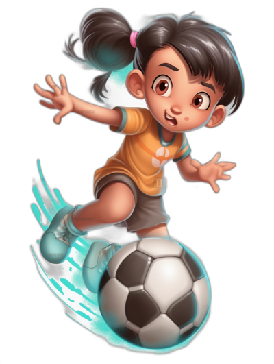 A cute little girl is kicking a soccer ball in the style of cartoon characters. She has short hair and brown eyes with white skin color, wearing a football uniform with a yellow shirt and grey shorts. There are some blue lights around her and glowing effects, isolated on a black background, in a cartoon game art style.