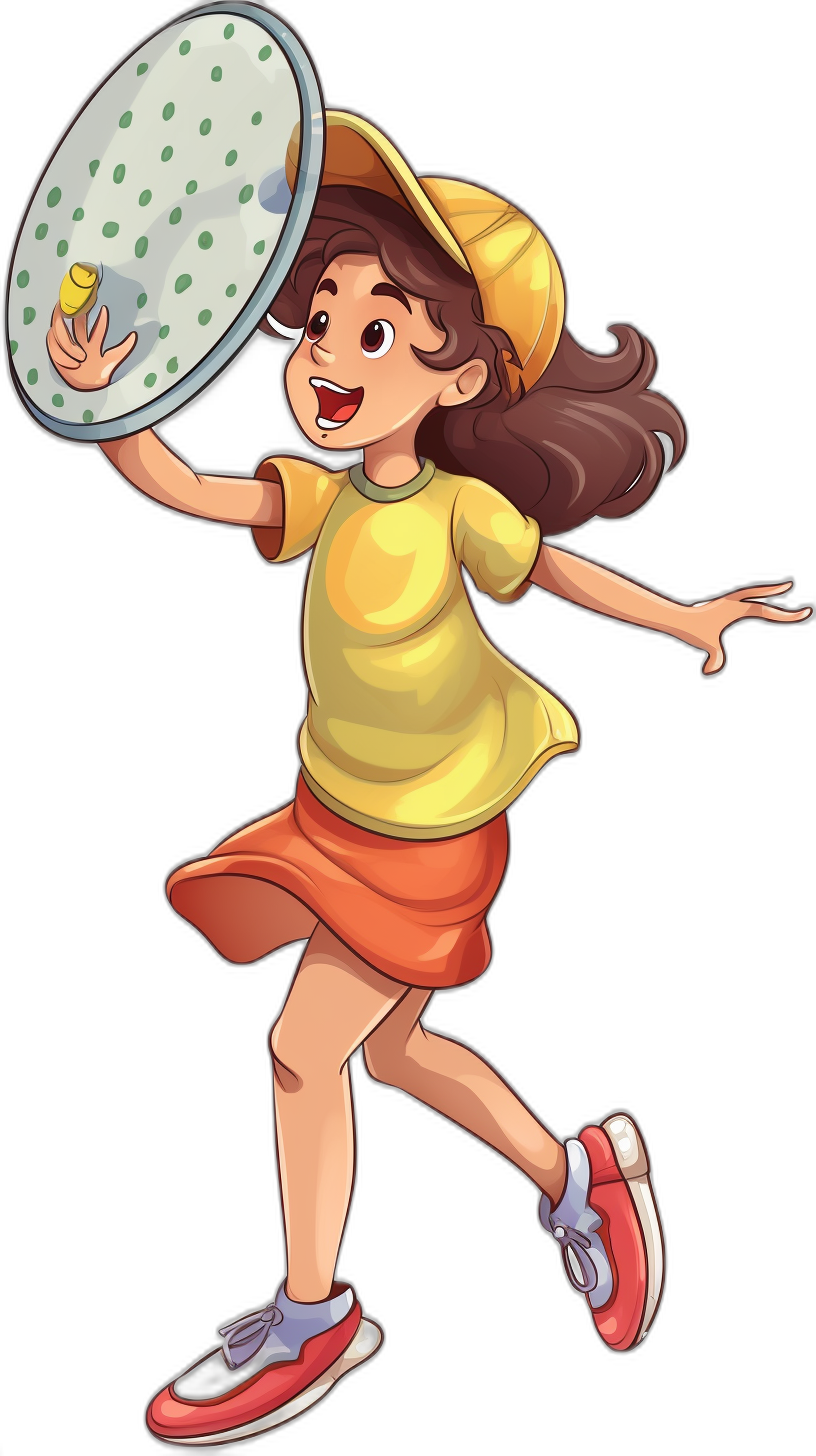 A girl in a yellow shirt and orange skirt is playing frisbee in the style of a cartoon, vector illustration with a black background. She has brown hair and wears red shoes. The character should be smiling while holding the frisbee plate overhead, ready to throw it. Her cap must have green dots on its brim. No other characters or objects can appear around her. This scene will capture the attention of young viewers who love sports and adventure.