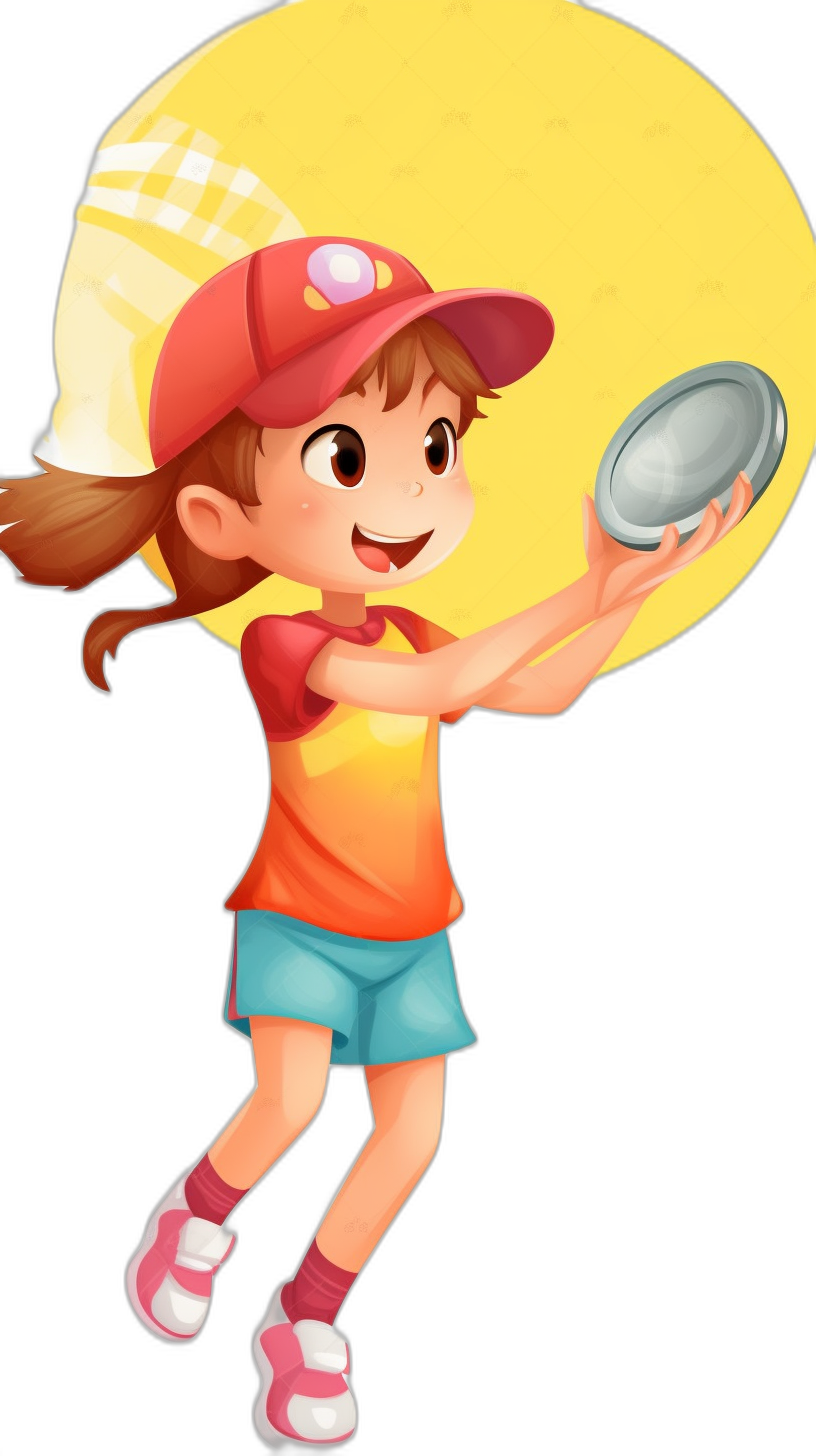 A cute little girl in a red cap and yellow shirt is playing frisbee. The full body, simple flat vector illustration has a black background with no shadows or gradients. It is a high resolution, best quality, high detail, high definition image. The art style is similar to 2d game art, cartoon style, casual graphics, and casual game art. The art is suitable for mobile games and is in the style of Nintendo and Pixar.