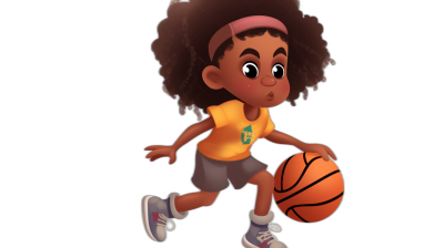 African American cartoon girl playing basketball, wearing shorts and t-shirt, running with the ball in her hand. Black background. She has curly hair and is smiling. In the style of Pixar animation character design.