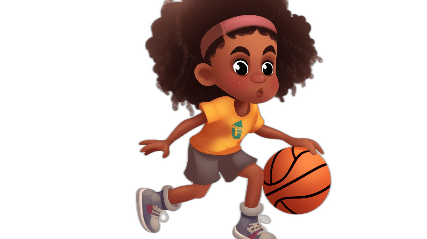 African American cartoon girl playing basketball, wearing shorts and t-shirt, running with the ball in her hand. Black background. She has curly hair and is smiling. In the style of Pixar animation character design.