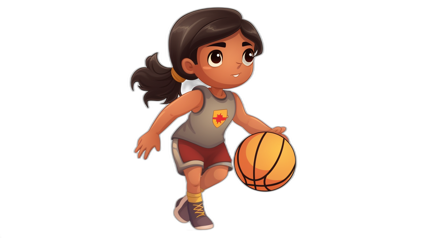 Chibi style full body of an Asian girl with dark brown hair and light skin playing basketball on a black background, wearing a grey shirt, red shorts, white shoes and yellow socks, holding the ball in her hand and dribbling it towards the camera. Simple design with simple colors and a cartoonish character design in a simple illustration.