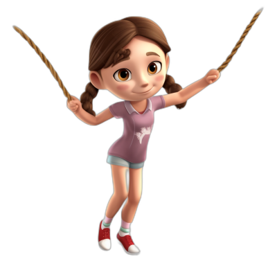 A cartoon girl with brown hair in pigtails is holding two ropes and swinging them. She has an athletic body shape wearing a pink shirt, purple shorts, red shoes, and white socks on a black background. The character design is in the style of Disney Pixar with a cute and friendly expression. It is a 3D rendering full-length portrait with bright colors, high resolution, and detailed textures of  and facial features. The pose is dynamic with high quality and detail.