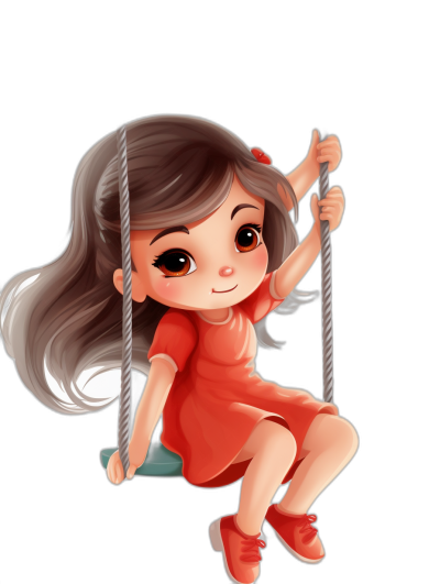 chibi style, cute girl with brown hair and red dress sitting on the swing , she has big eyes, black background, high quality render, high resolution