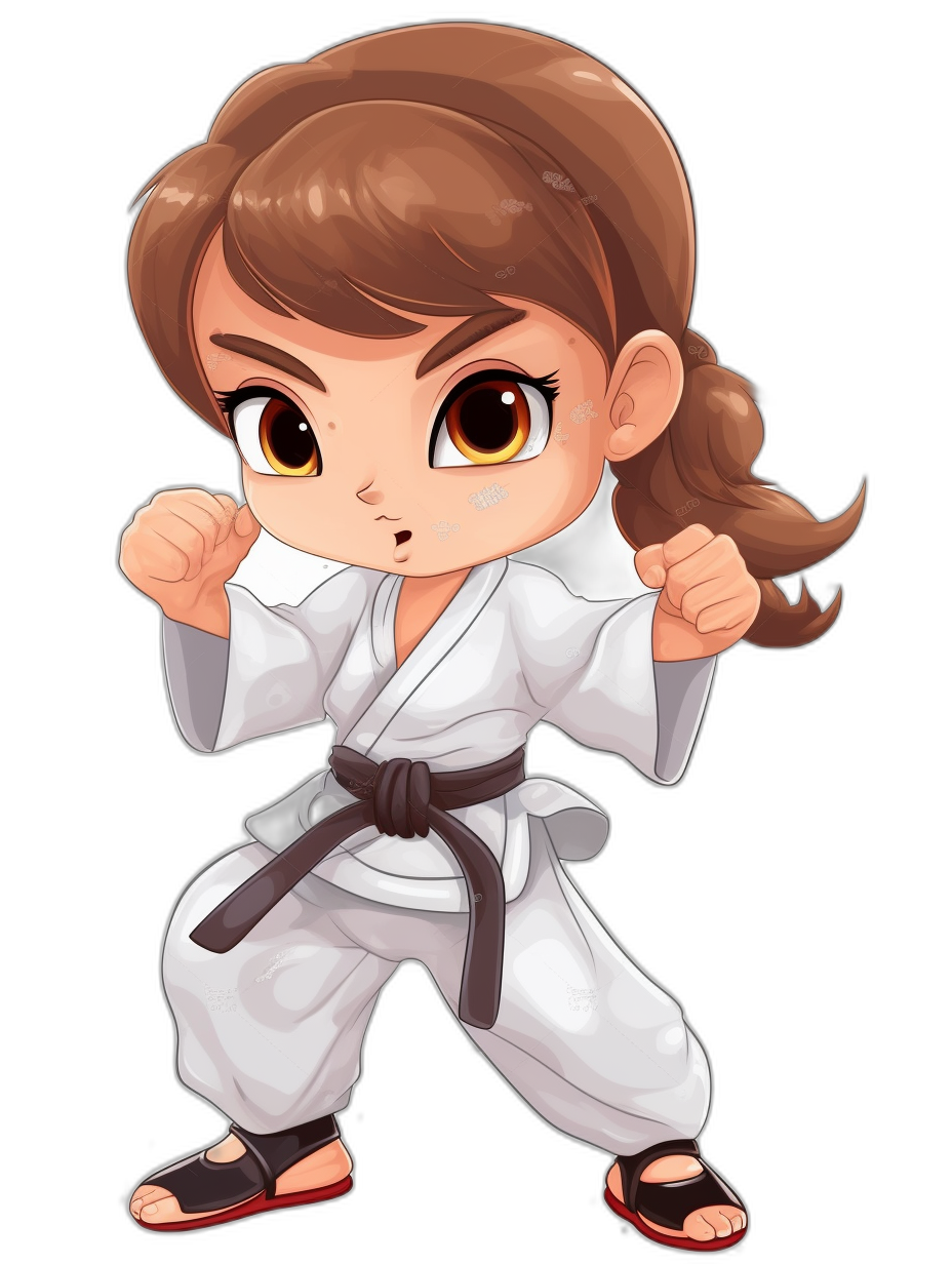 Chibi style drawing of a karate girl, with brown hair in a ponytail with bangs and wearing a white kimono suit, holding a dark gray belt, with big eyes looking at the camera in a ready to fight pose against a black background in a full body shot.