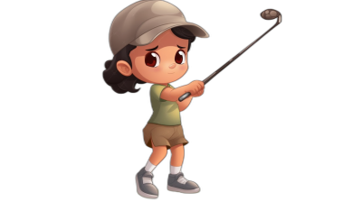 A cute little girl playing golf in the style of a full body character design in a cartoon style on a black background with simple lines in a chibi style as a flat color illustration for a 2D game art character design for mobile games with solid colors and minimal shading and detail, wearing a cap hat with brown hair and a green t-shirt and khaki shorts and grey shoes, holding a wooden club in her hand.