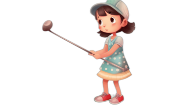 A cute little girl playing golf with a simple character design sheet and 3d model style. She has a simple background with a solid black color. The animal crossing character is wearing a polka dot dress and white cap hat while holding a club in her hand for a full body shot. With simple details, simple shading, and simple lines, the character design sheet has simple lighting.