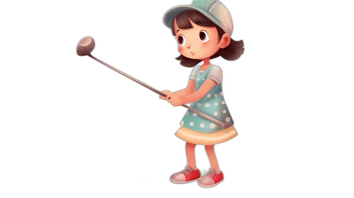 A cute little girl playing golf with a simple character design sheet and 3d model style. She has a simple background with a solid black color. The animal crossing character is wearing a polka dot dress and white cap hat while holding a club in her hand for a full body shot. With simple details, simple shading, and simple lines, the character design sheet has simple lighting.