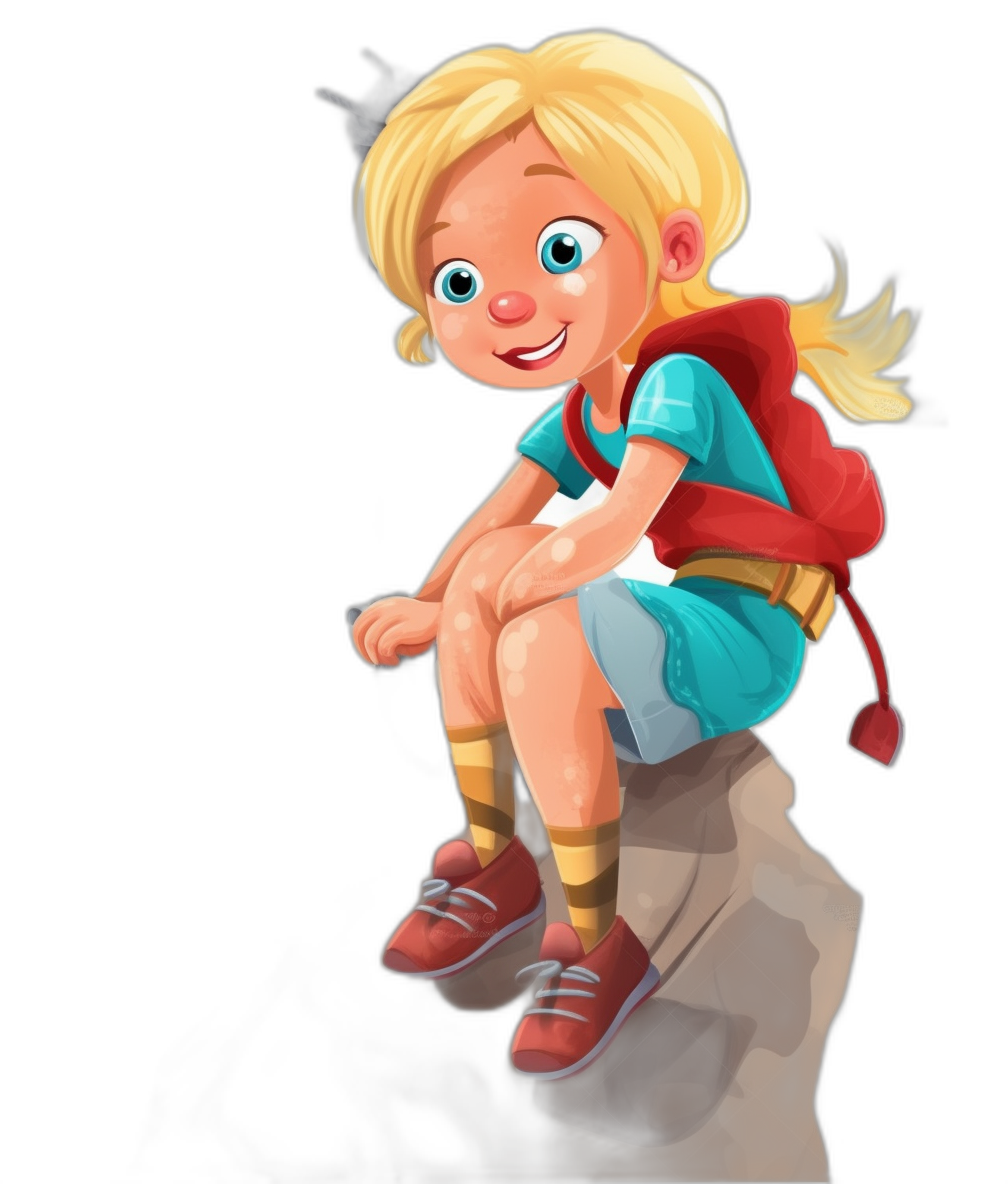 A cute little girl with blonde hair, blue eyes and red shoes is sitting on the edge of a cliff wearing shorts, a colorful t-shirt, short socks and a backpack. She has a big smile on her face with a Pixar style cartoon character design. Isolated on a black background.